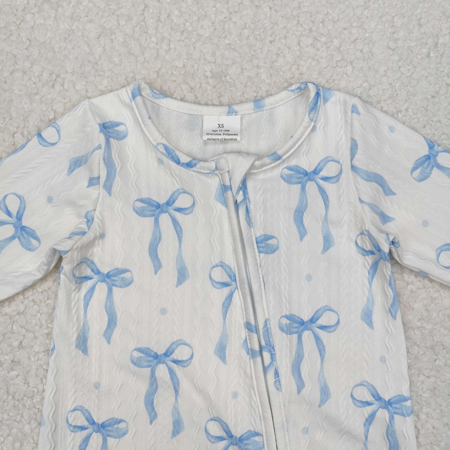 LR2070 Blue Bows Baby Girls Cable Knit Fabric Sleeper Zipper Romper