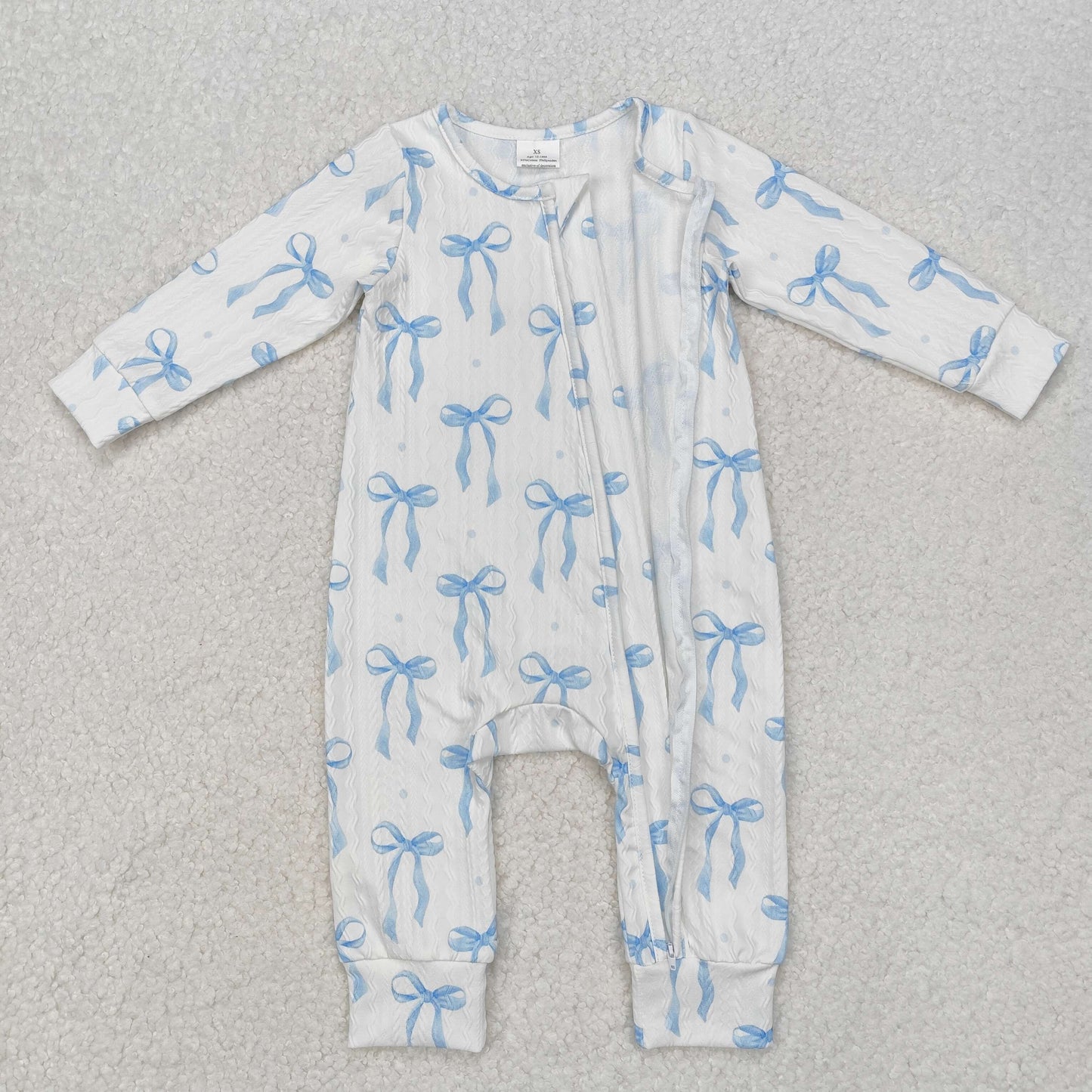 LR2070 Blue Bows Baby Girls Cable Knit Fabric Sleeper Zipper Romper