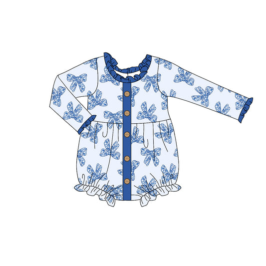 (Pre-order)LR2073 Blue Flowers Bows Print Baby Girls Romper