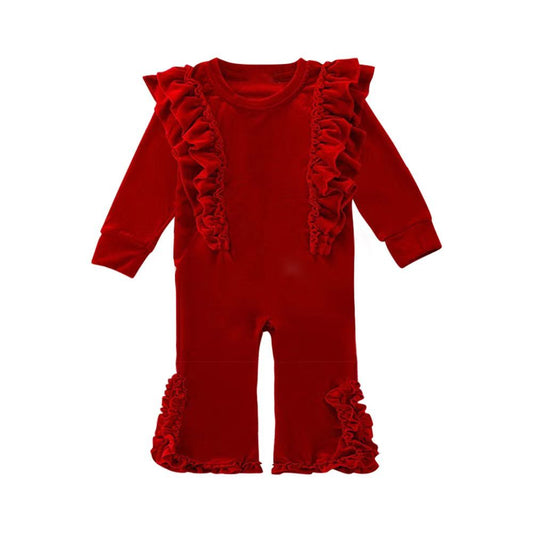 (Pre-order)LR2080 Red Color Velvet Baby Girls Christmas Romper