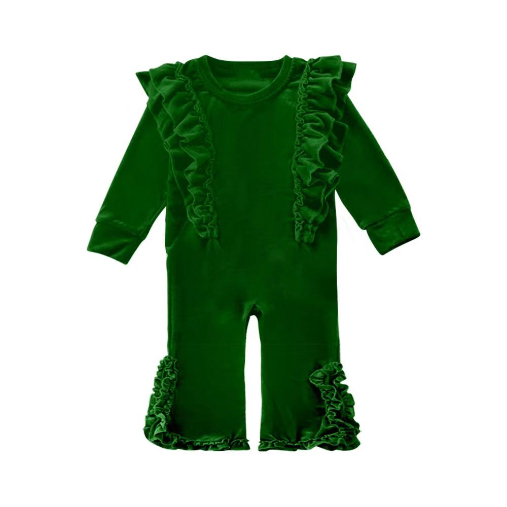 (Pre-order)LR2081 Green Color Velvet Baby Girls Christmas Romper
