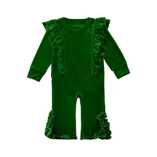 (Pre-order)LR2081 Green Color Velvet Baby Girls Christmas Romper