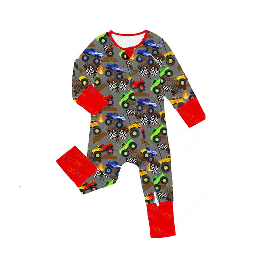 (Pre-order)LR2082 Monster Trucks Print Baby Boys Sleeper Zipper Romper