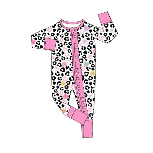 (Pre-order)LR2089 Heart Leopard Print Baby Girls Valentine's Day Sleeper Zipper Romper
