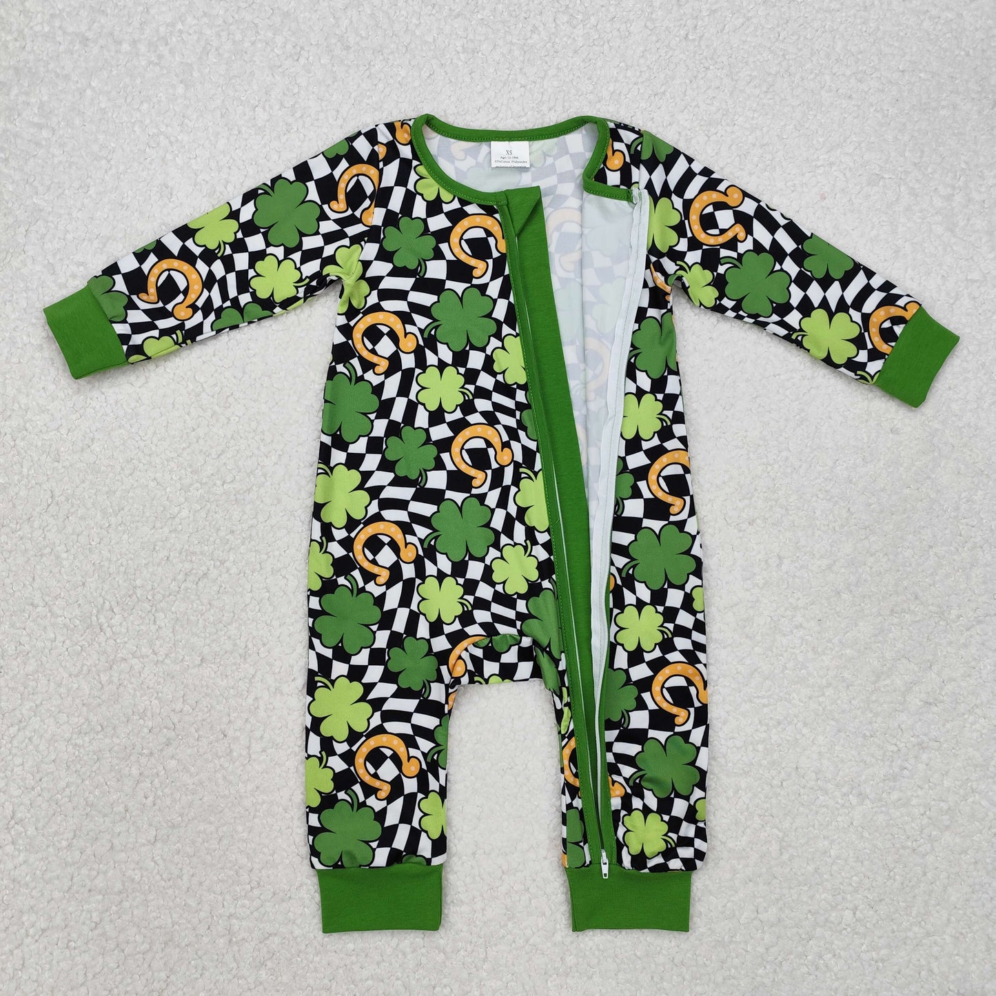 LR2090 Leaf Plaid Print Baby St. Patrick's Day Sleeper Zipper Romper