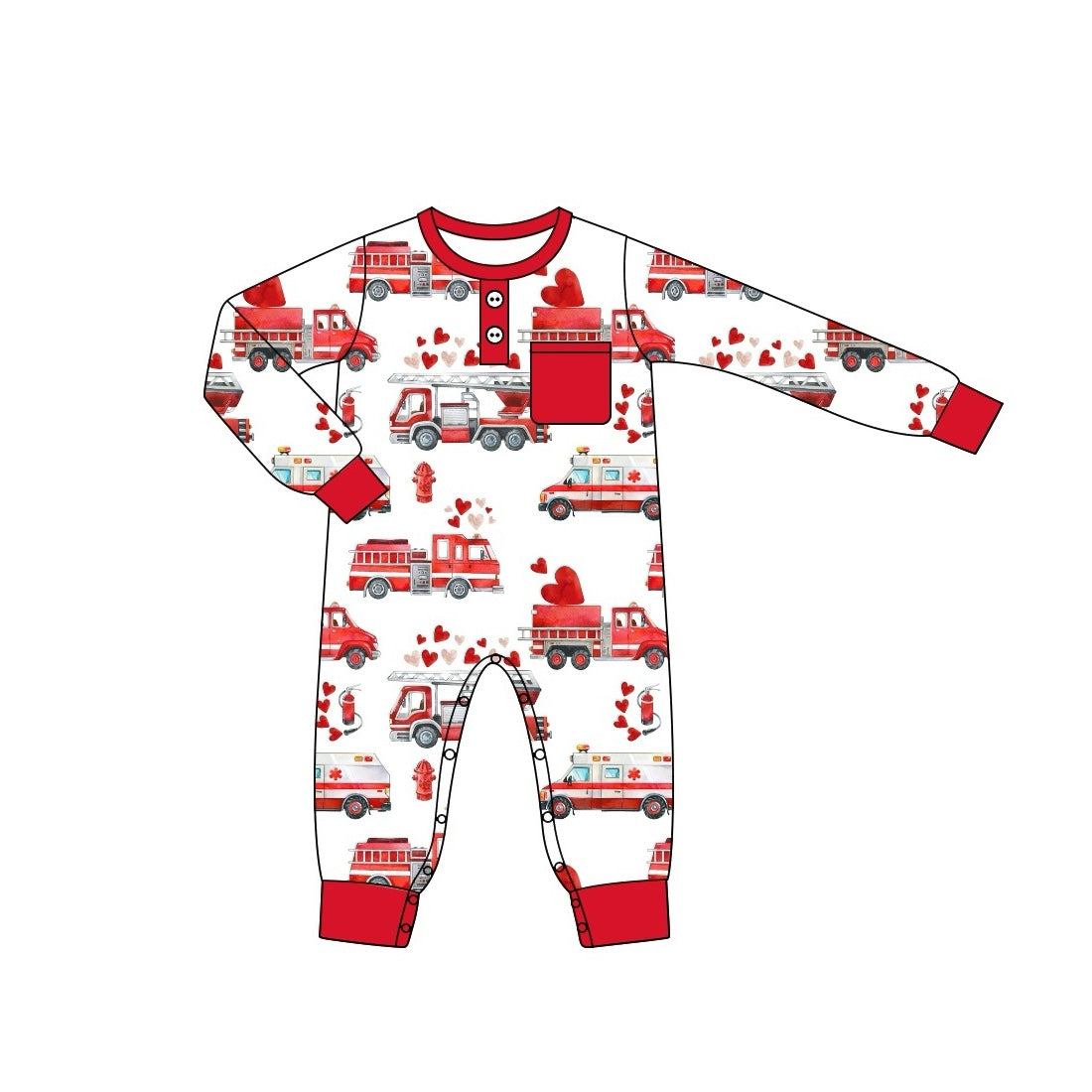 (Pre-order)LR2091 Fire Truck Heart Print Baby Boys Valentine's Day Pocket Romper