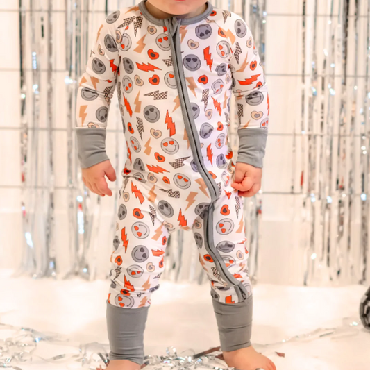 (Pre-order)LR2092 Smiling Face Heart Gray Print Baby Boys Valentine's Day Sleeper Zipper Romper