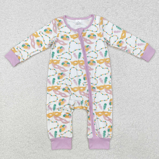 LR2097 Mask Print Baby Girls Mardi Gras Sleeper Zipper Romper