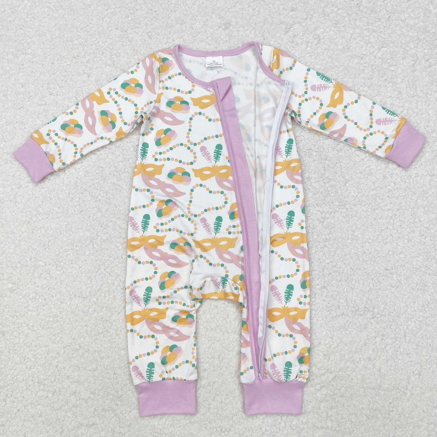 LR2097 Mask Print Baby Girls Mardi Gras Sleeper Zipper Romper