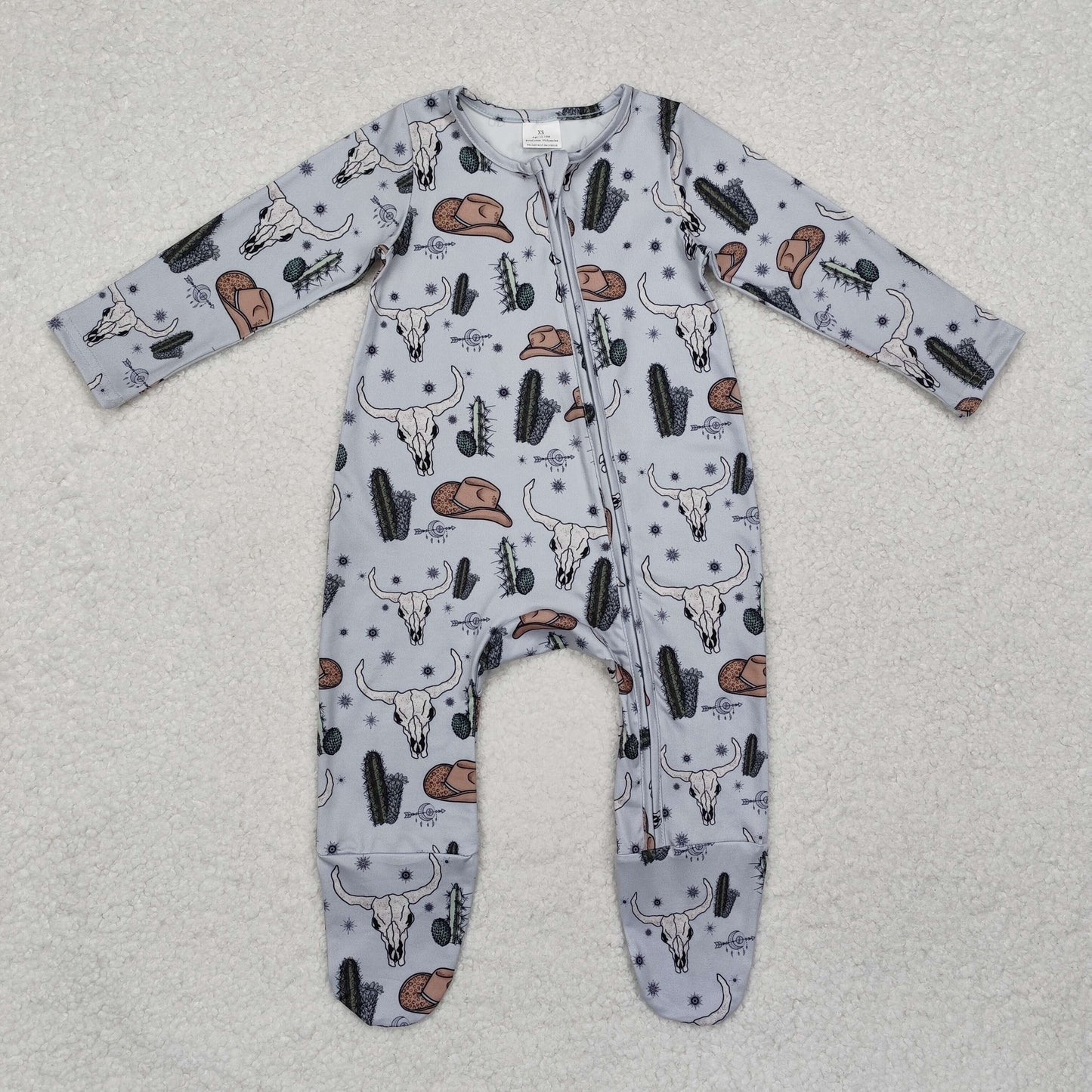 LR2098 Cow Skull Hat Cactus Print Baby Boys FOOTED Western Zipper Sleeper Romper