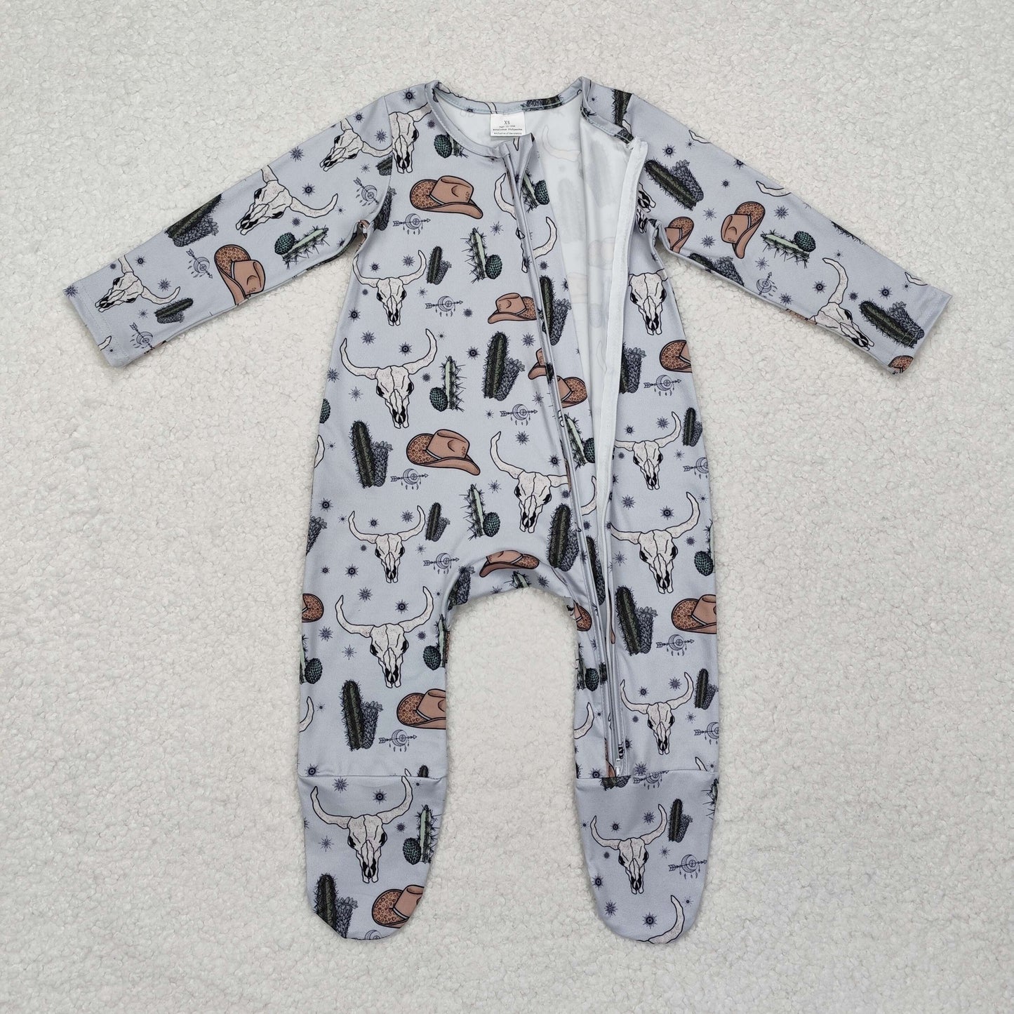 LR2098 Cow Skull Hat Cactus Print Baby Boys FOOTED Western Zipper Sleeper Romper