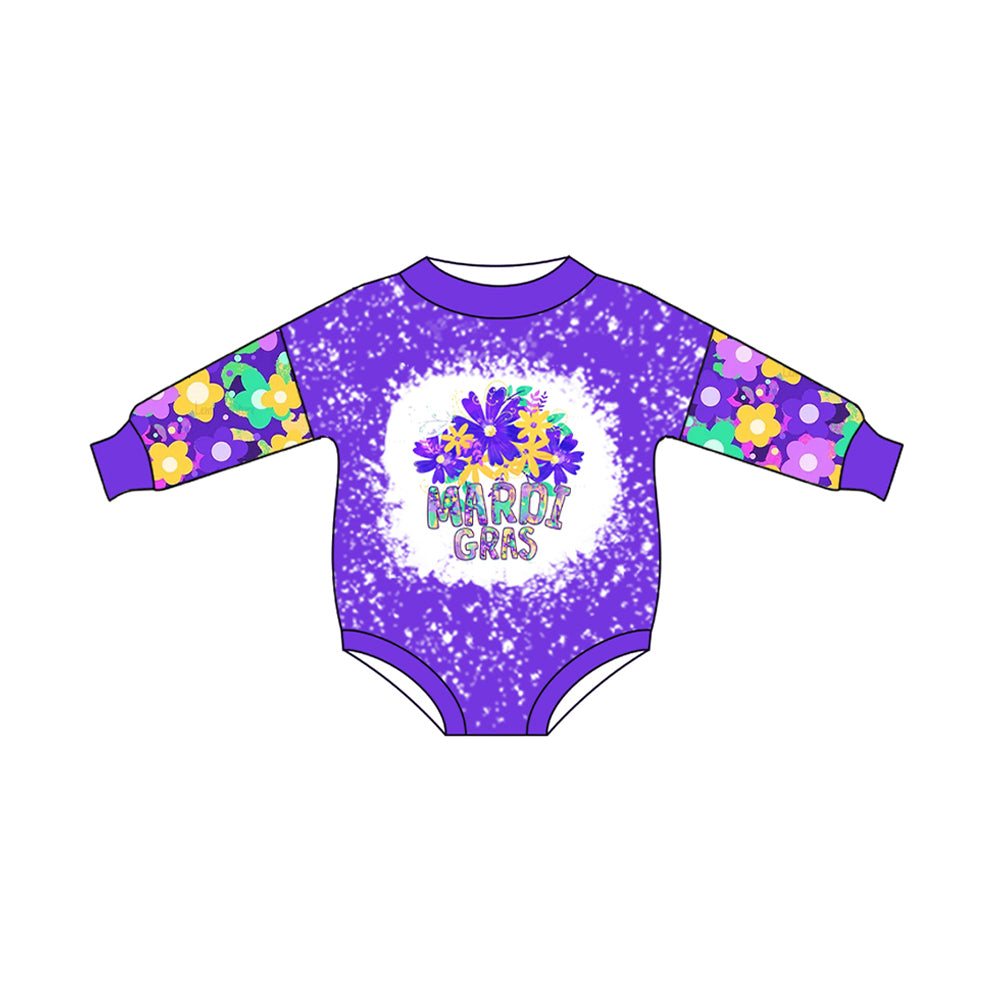 (Pre-order)LR2111 Purple Flowers Print Baby Girls Mardi Gras Romper