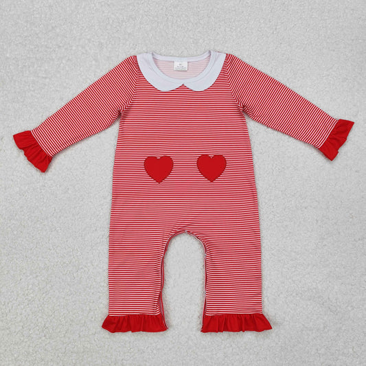 LR2113 Heart Embroidery Red Stripes Print Baby Girls Valentine's Day Romper