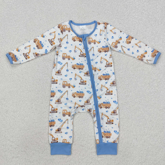 LR2116 Construction Trucks Blue Heart Print Baby Boys Valentine's Day Sleeper Zipper Romper