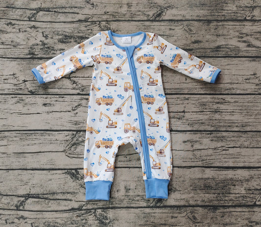 (Pre-order)LR2116 Construction Trucks Blue Heart Print Baby Boys Valentine's Day Sleeper Zipper Romper