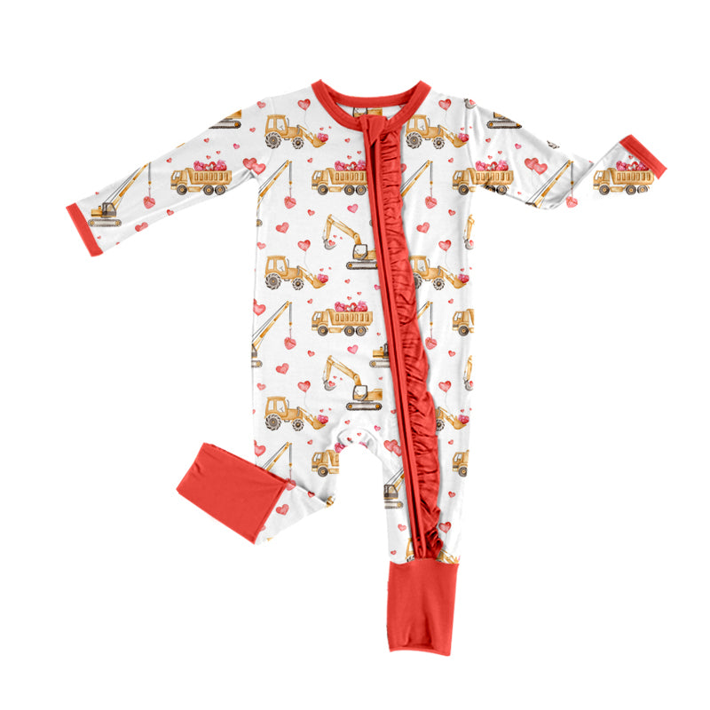 (Pre-order)LR2117 Construction Trucks Red Heart Print Baby Girls Valentine's Day Sleeper Zipper Romper