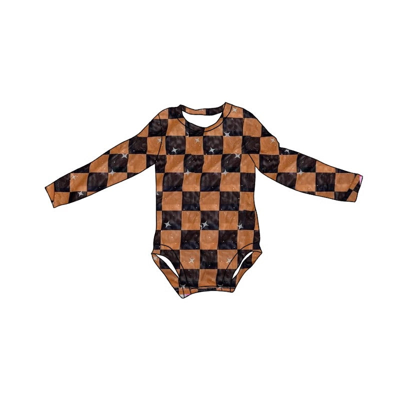 (Pre-order)LR2119 Brown Plaid Print Baby Girls Romper