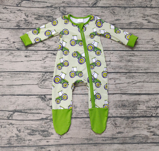 LR2122 Baby boys green tractors zipper romper