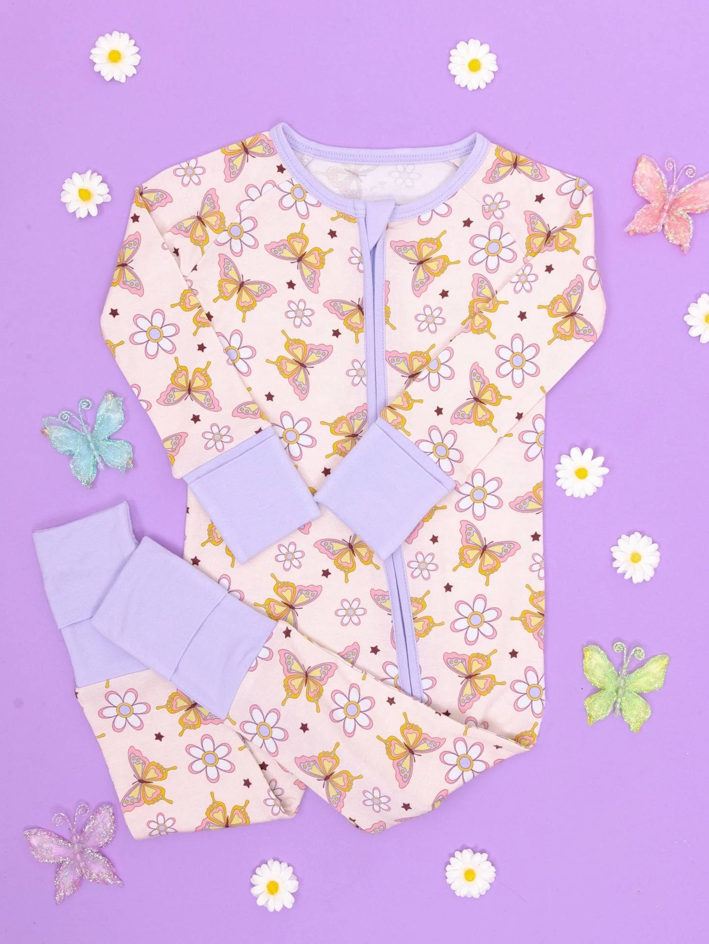(Pre-order)LR2123 Butterfly Flowers Print Baby Girls Sleeper Zipper Romper