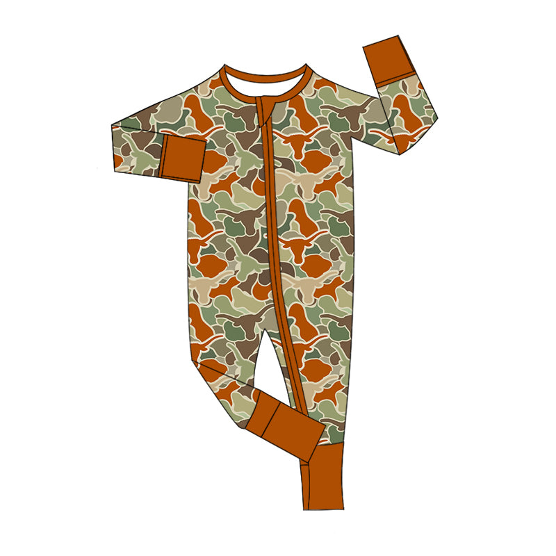 (Pre-order)LR2129 Longhorn Camo Print Baby Boys Western Sleeper Zipper Romper