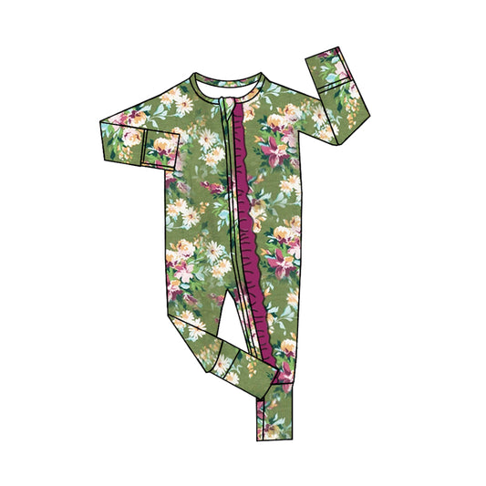 (Pre-order)LR2130 Flowers Green Print Baby Girls Sleeper Zipper Romper