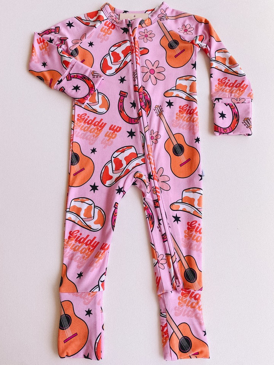 (Pre-order)LR2131 Guitar Hat Flowers Print Baby Girls Western Sleeper Zipper Romper