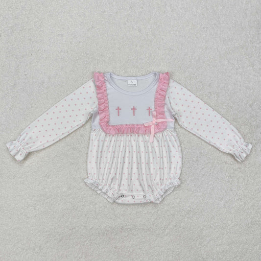 LR2136 Cross Embroidery Pink Dots Print Baby Girls Easter Romper