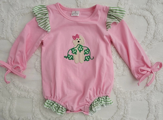 (Pre-order)LR2137 Dog Leaf Pink Print Baby Girls St. Patrick's Day Romper