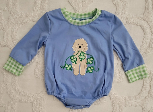 (Pre-order)LR2138 Dog Leaf Blue Print Baby Boys St. Patrick's Day Romper