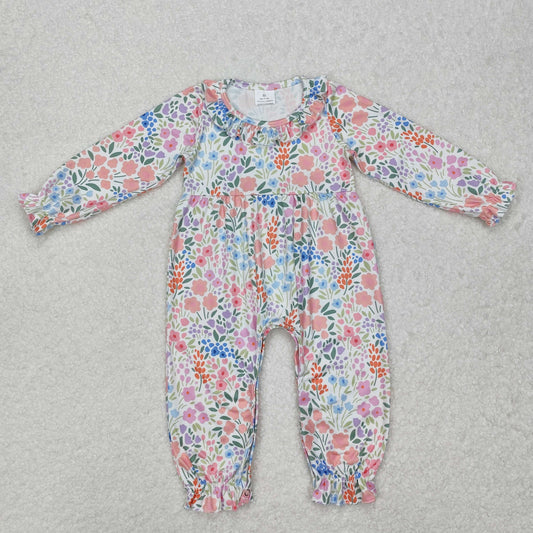 LR2141 Colorful Flowers Print Baby Girls Spring Long Sleeve Romper