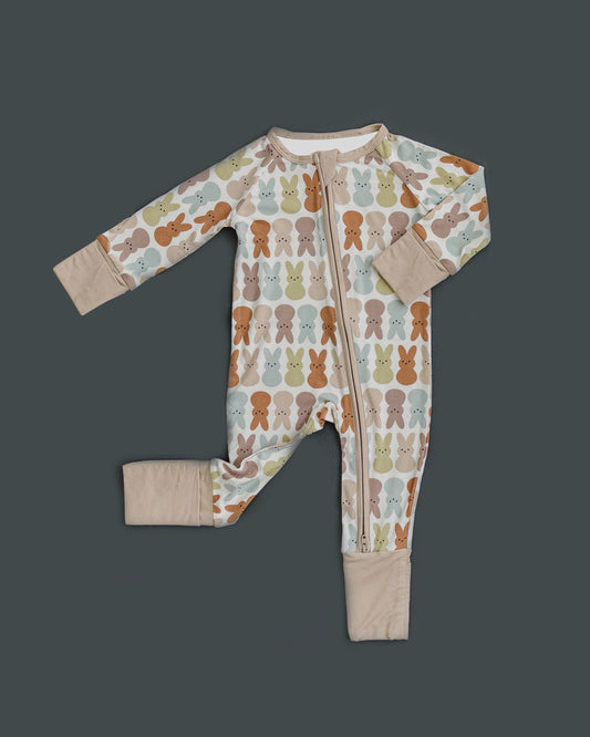 (Pre-order)LR2142 Bunny Khaki Print Baby Girls Easter Sleeper Zipper Romper