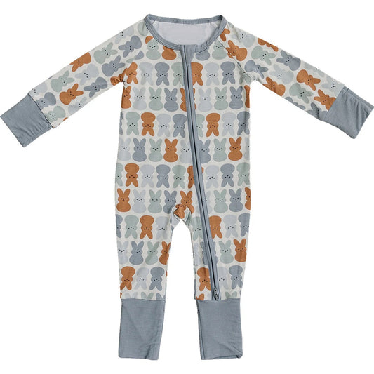 (Pre-order)LR2144 Bunny Grey Print Baby Boys Easter Sleeper Zipper Romper