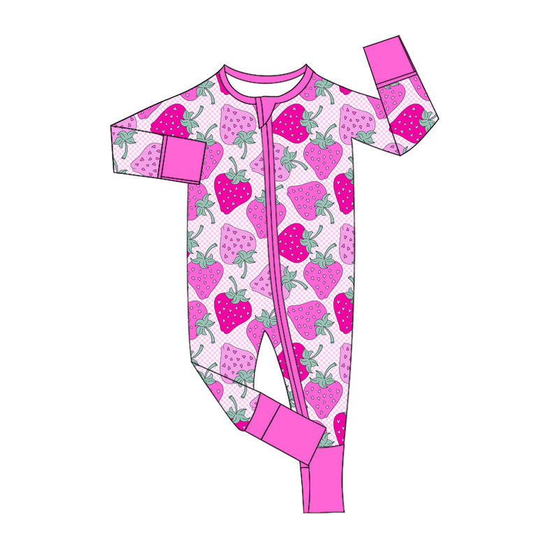 (Pre-order)LR2148 Strawberry Hotpink Print Baby Girls Sleeper Zipper Romper