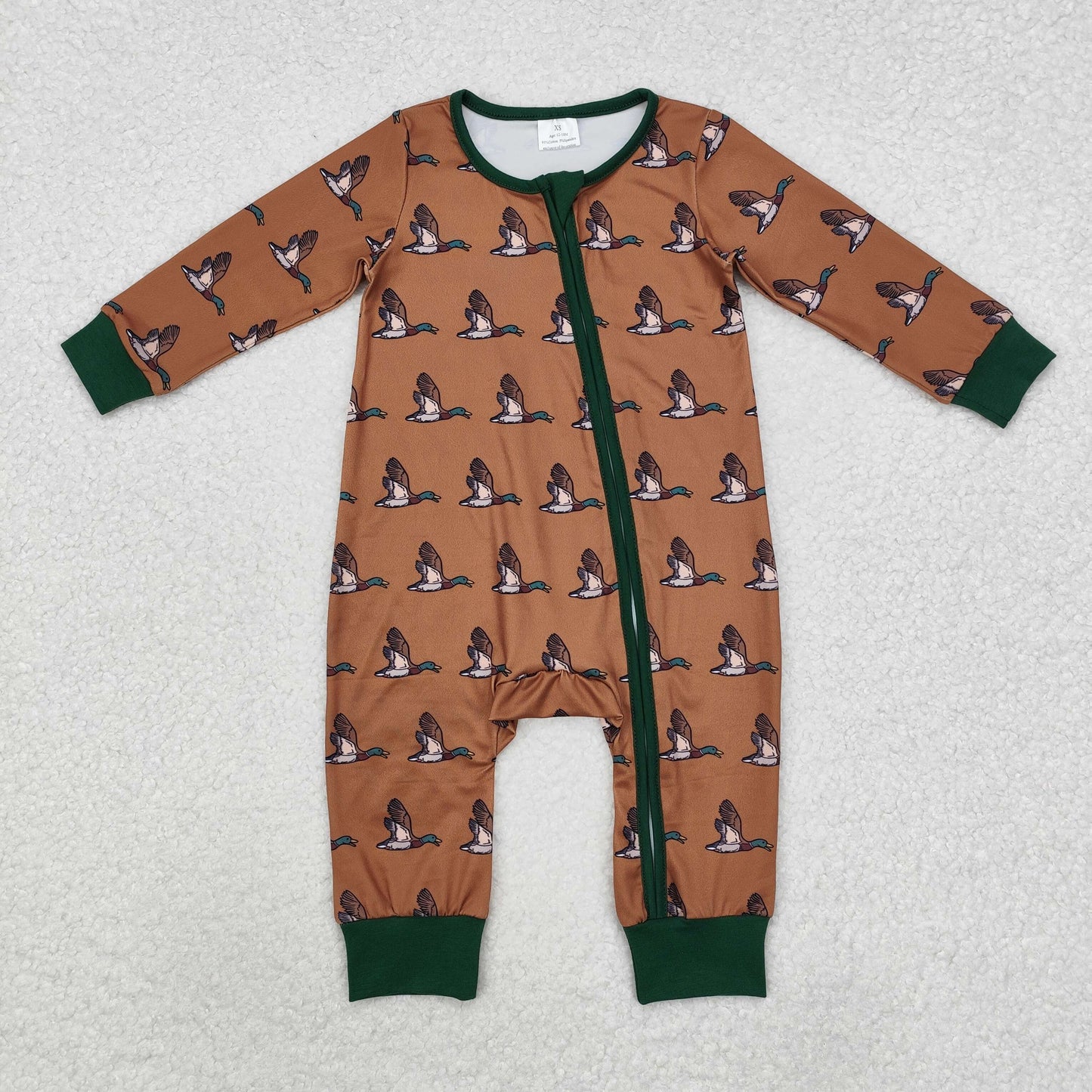 LR2154 Brown Duck Print Baby Sleeper Zipper Romper