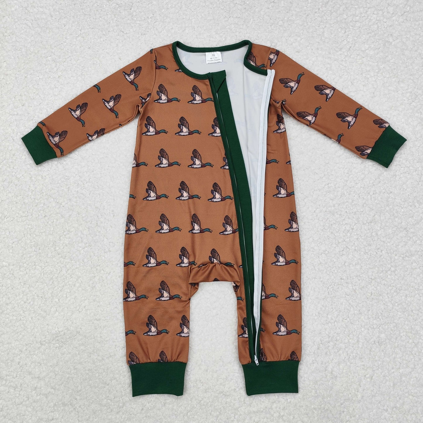 LR2154 Brown Duck Print Baby Sleeper Zipper Romper