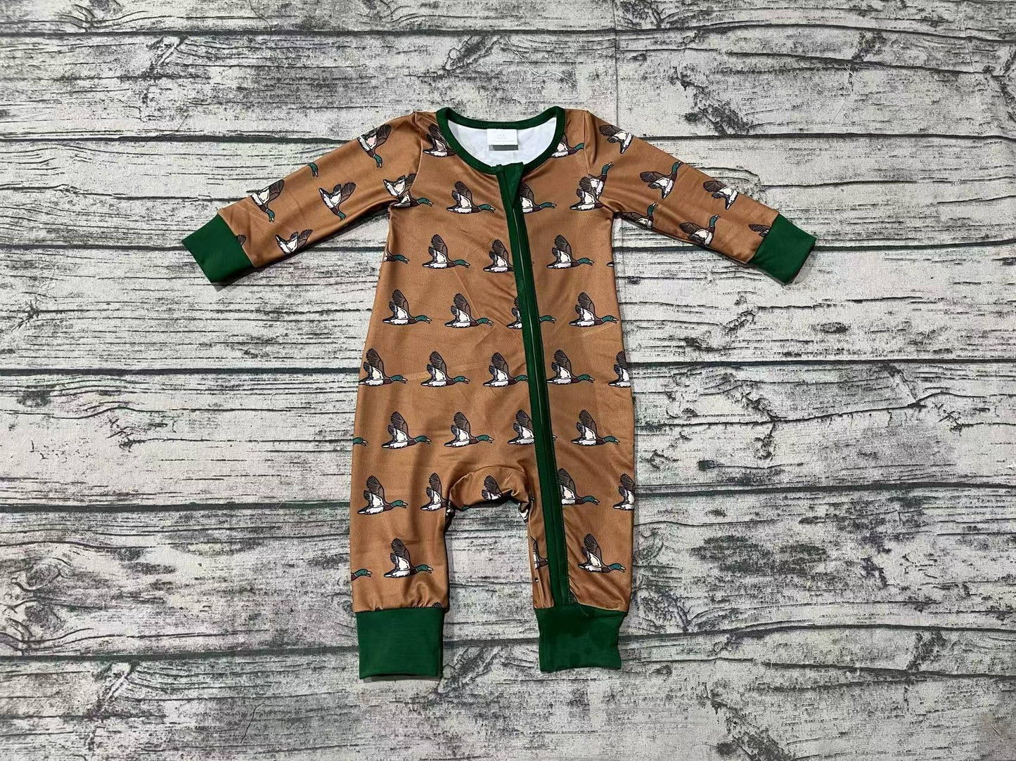 LR2154 Brown duck print baby boys zipper romper