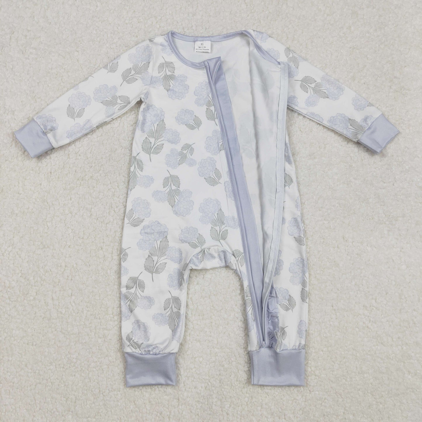 LR2157 Blue Flowers Print Baby Girls Long Sleeve Sleeper Zipper Romper