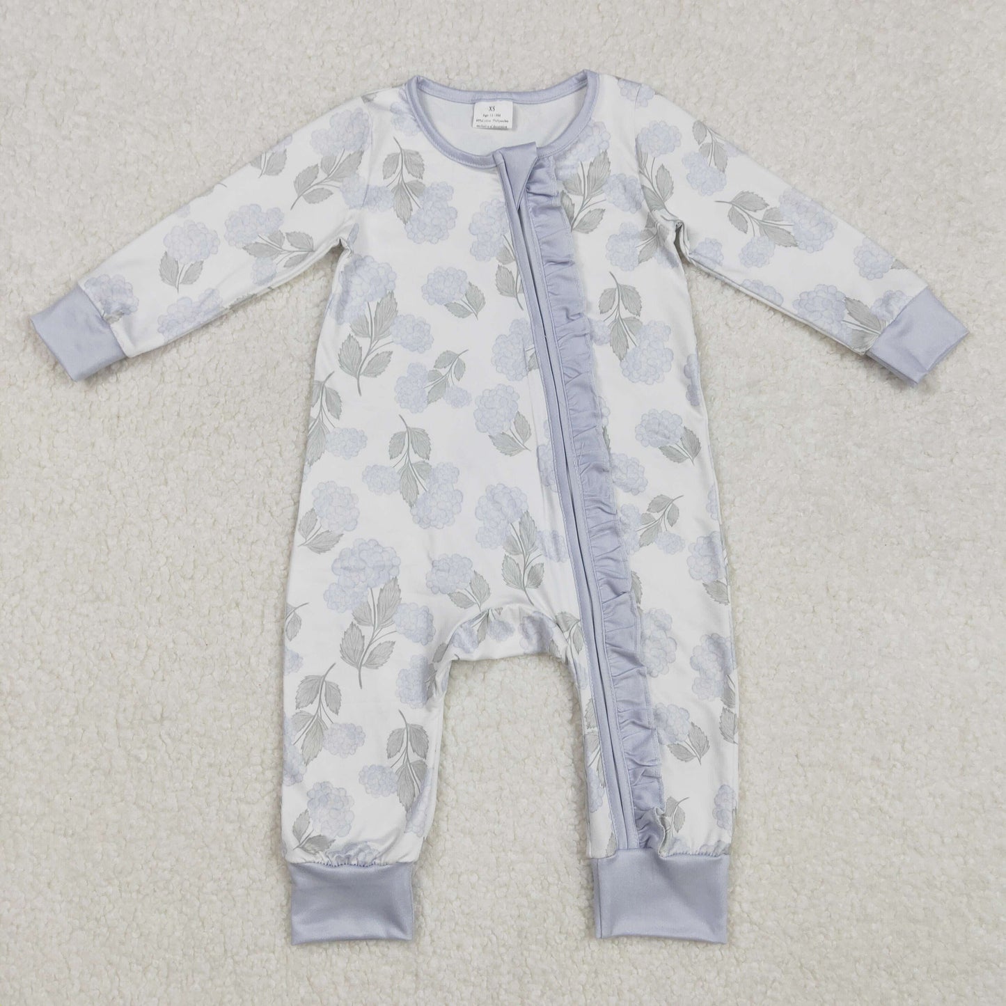 LR2157 Blue Flowers Print Baby Girls Long Sleeve Sleeper Zipper Romper