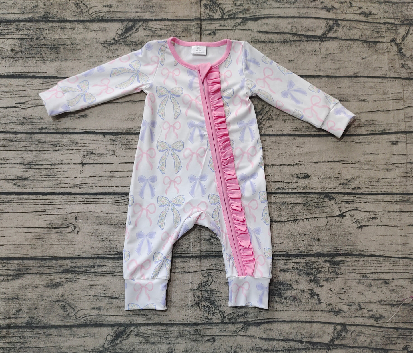 (Pre-order)LR2158 Pink Bows Print Baby Girls Long Sleeve Sleeper Zipper Romper