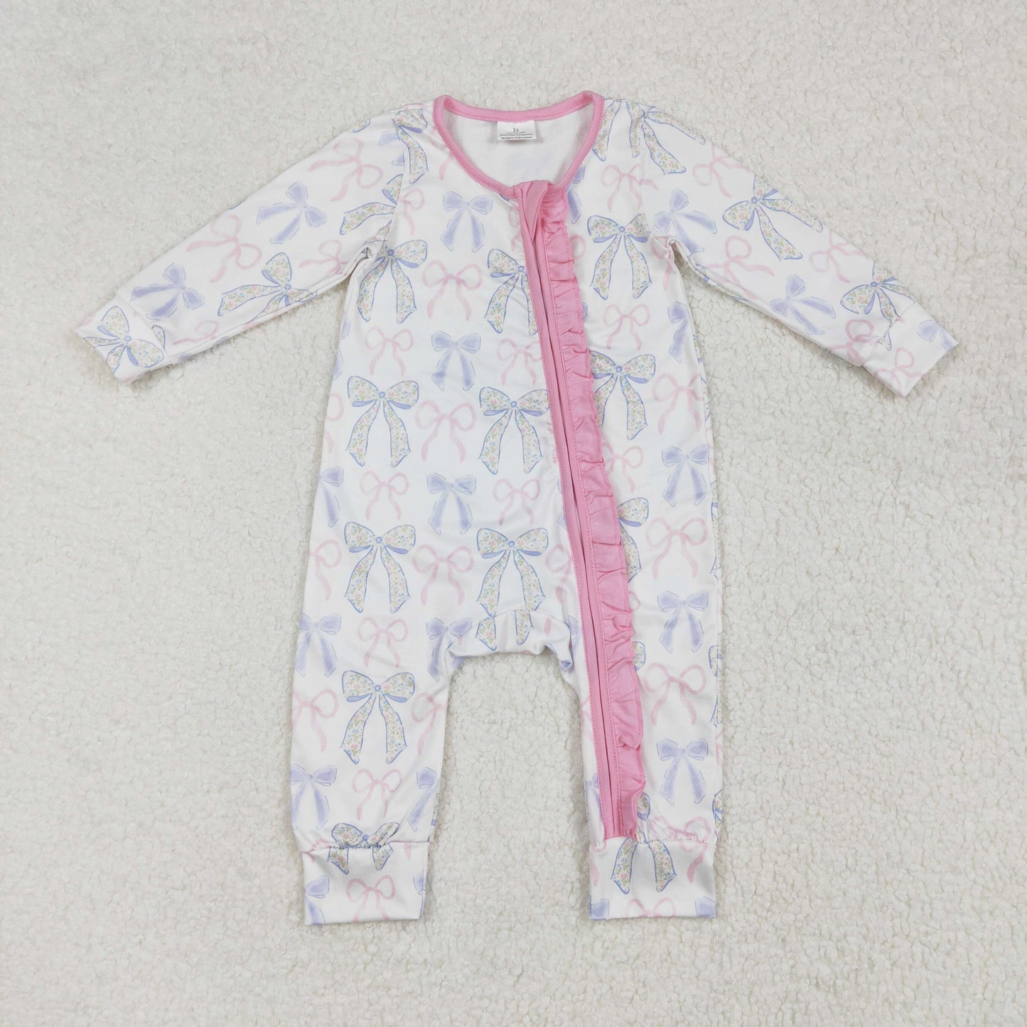 LR2158 Pink Bows Print Baby Girls Long Sleeve Sleeper Zipper Romper