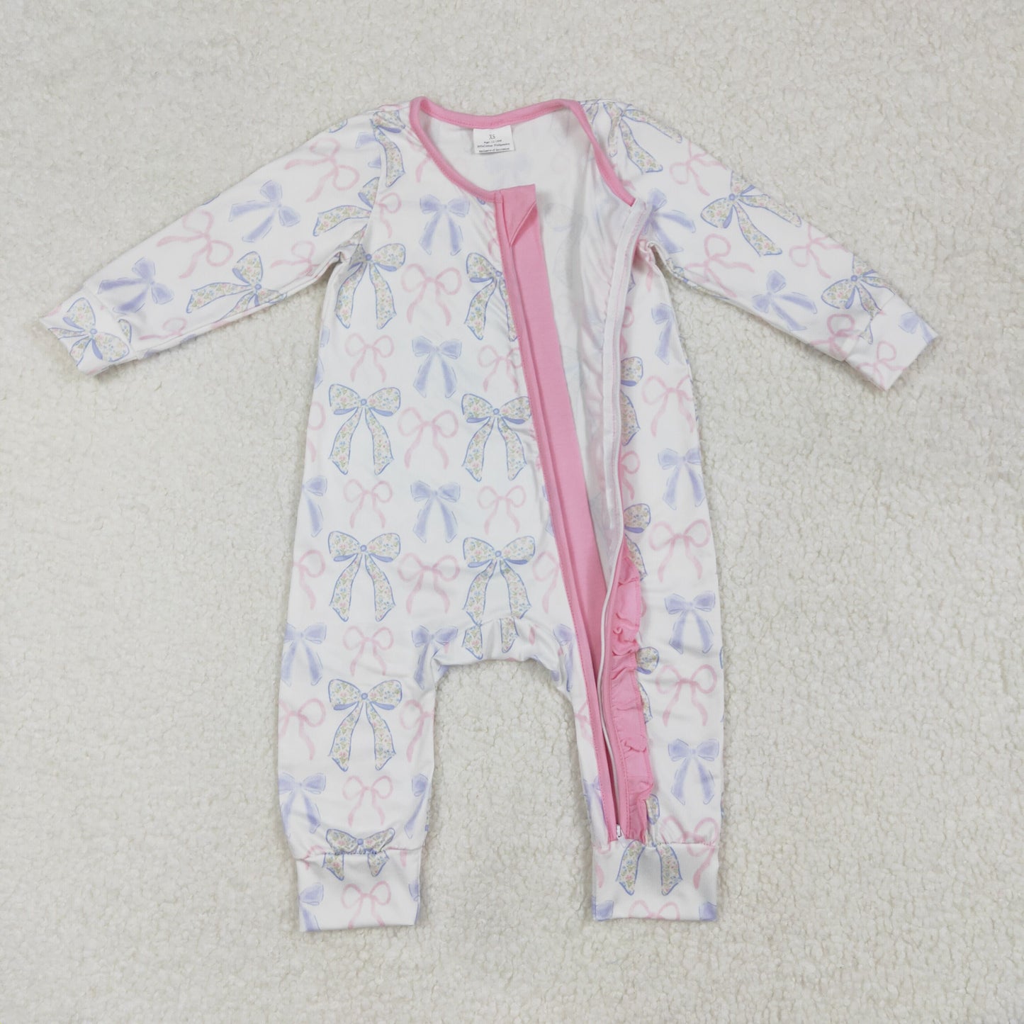 LR2158 Pink Bows Print Baby Girls Long Sleeve Sleeper Zipper Romper