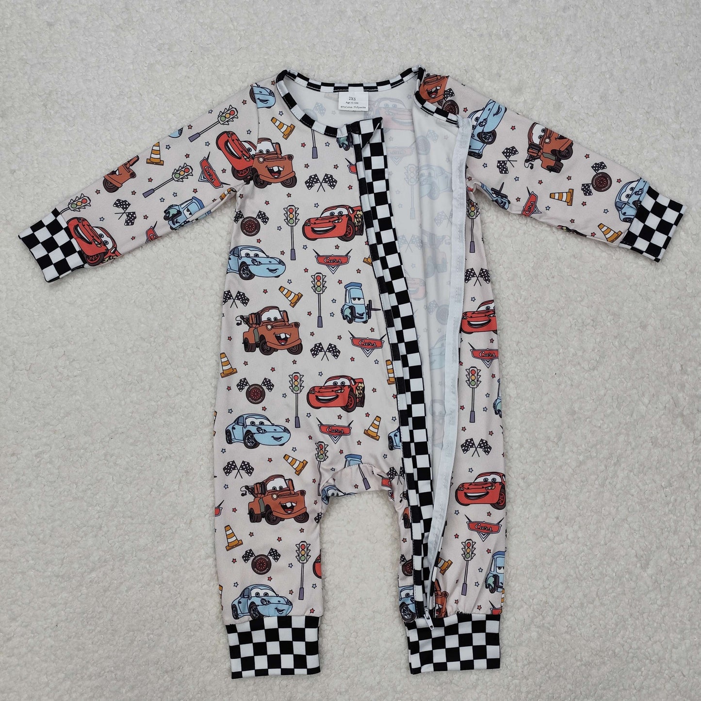 LR2160 Cartoon Cars Print Baby Boys Sleeper Zipper Romper