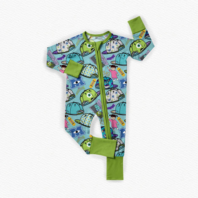 (Pre-order)LR2162 Cartoon Monster Print Baby Girls Sleeper Zipper Romper