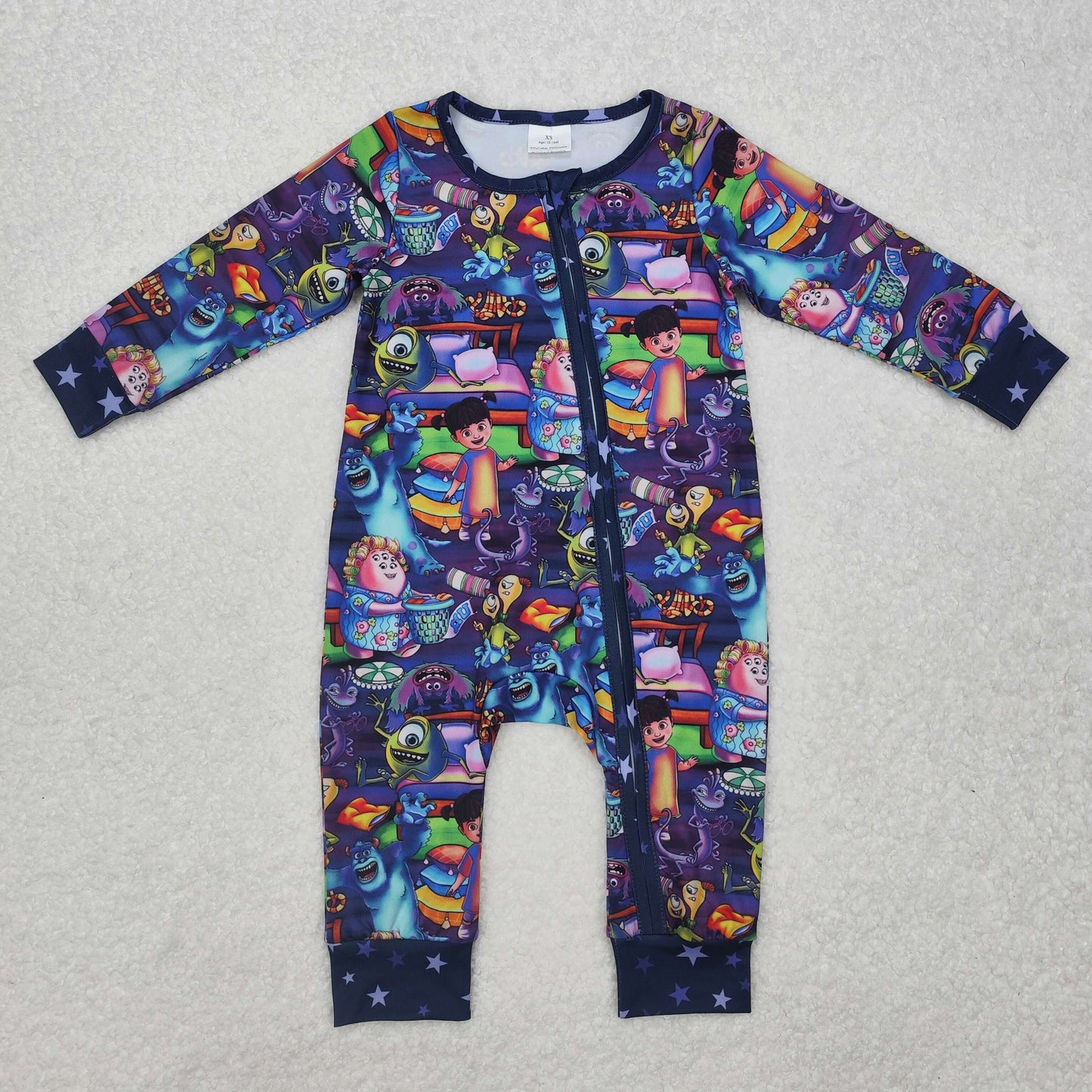 LR2164 Cartoon Monster Print Baby Girls Sleeper Zipper Romper