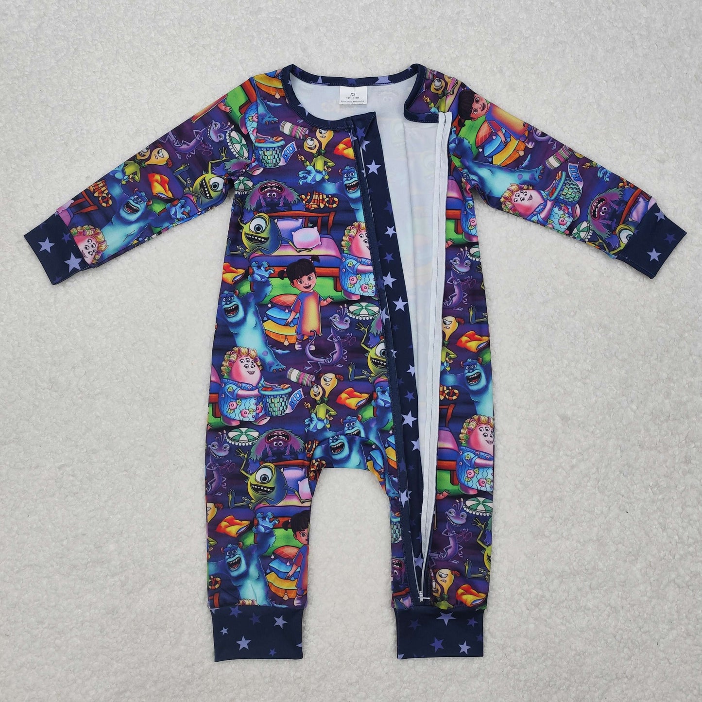 LR2164 Cartoon Monster Print Baby Girls Sleeper Zipper Romper