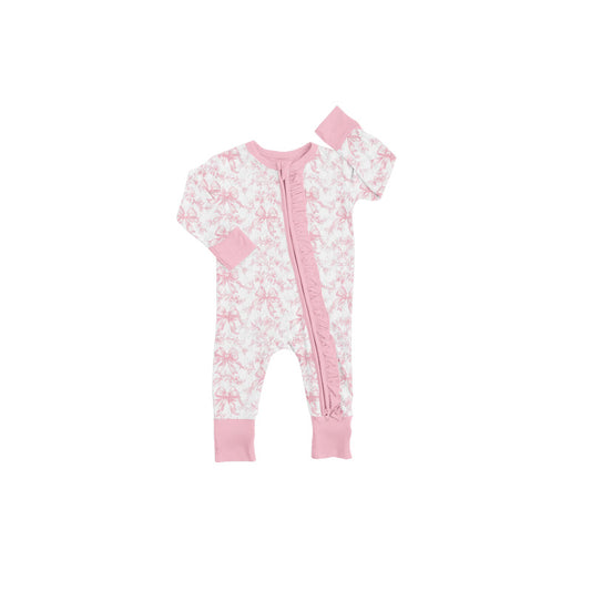 (Pre-order)LR2171 Pink Bows Print Baby Girls Sleeper Zipper Romper