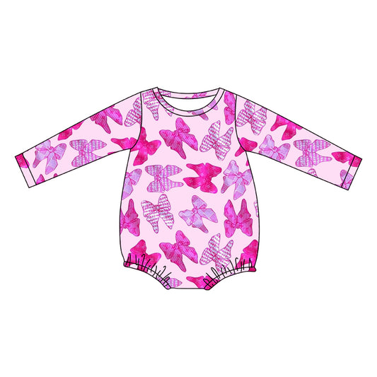 (Pre-order)LR2173 Hot Pink Bows Print Baby Girls Long Sleeve Romper