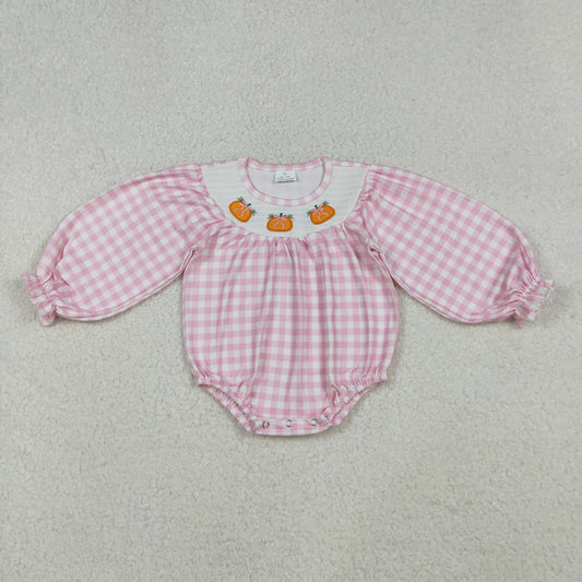 LR2181 Pumpkin Embroidery Pink Plaid Print Baby Girls Fall Smocked Bubble Romper