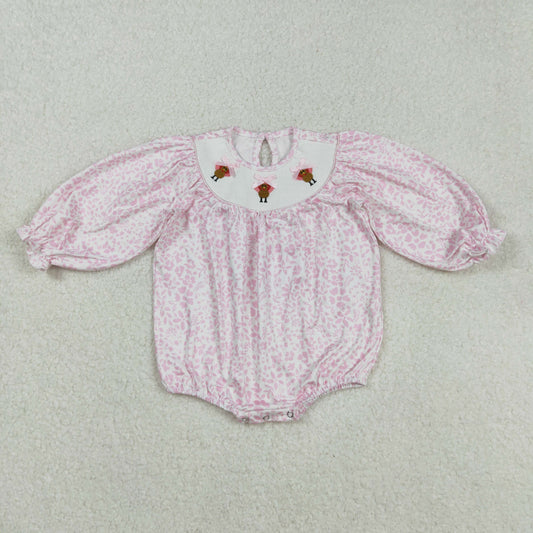 LR2184 Turkey Embroidery Pink Flowers Baby Girls Thanksgiving Smocked Bubble Romper