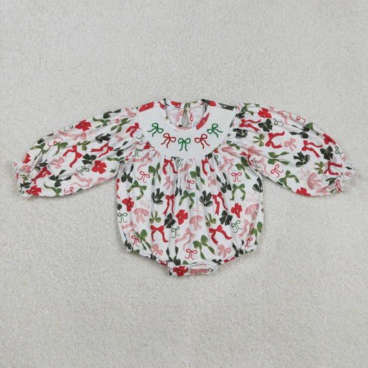 LR2185 Red Green Bows Embroidery Baby Girls Christmas Smocked Bubble Romper